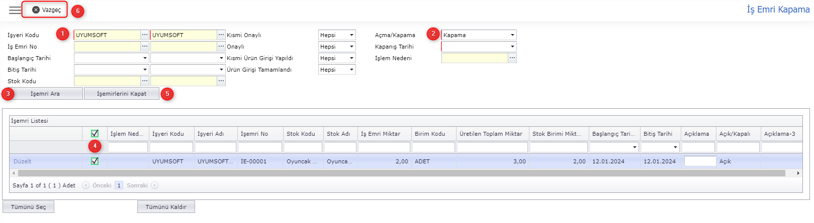 PRD2227 İŞ EMRİ KAPAMA.