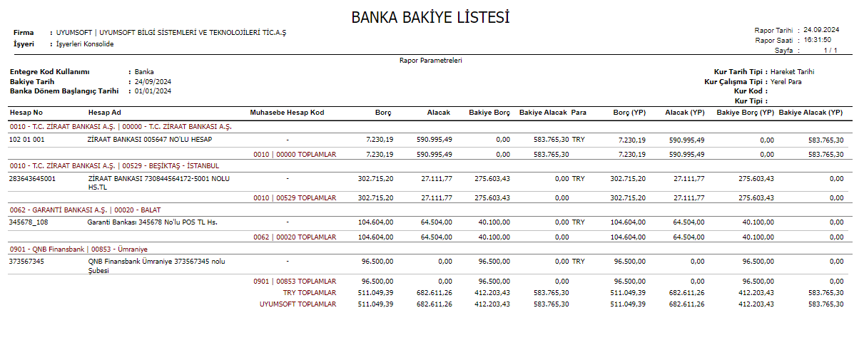 FIN 4022 BANKA BAKİYE LİSTESİ