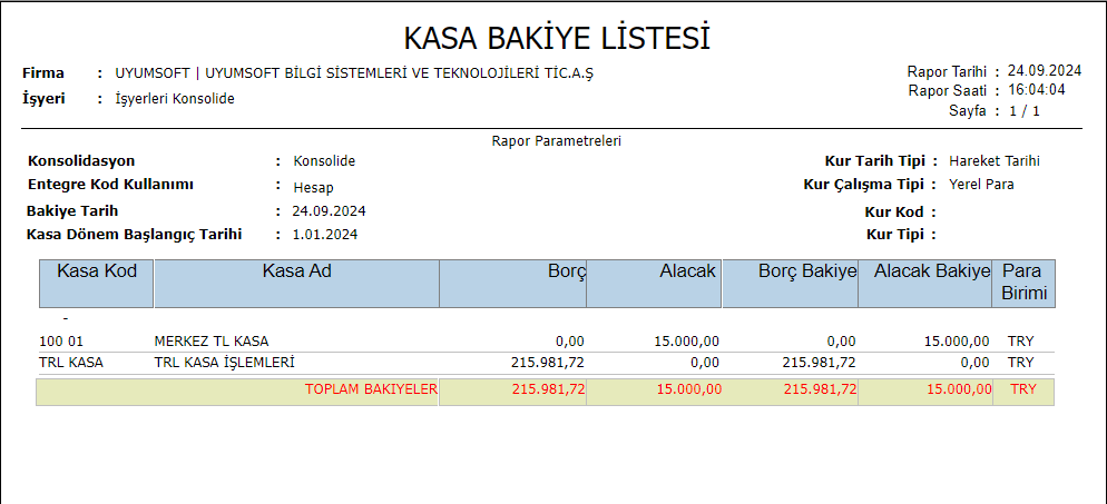 FIN4025 KASA BAKİYE RAPORU