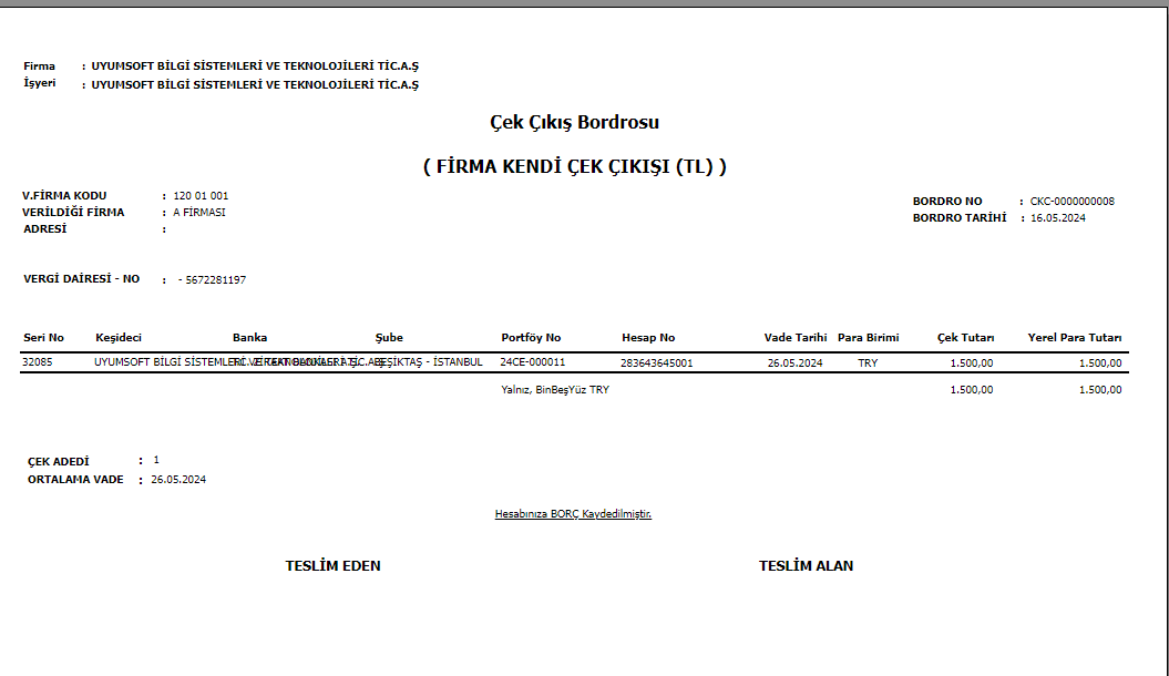 FIN2006 FİRMA KENDİ ÇEK ÇIKIŞI TL