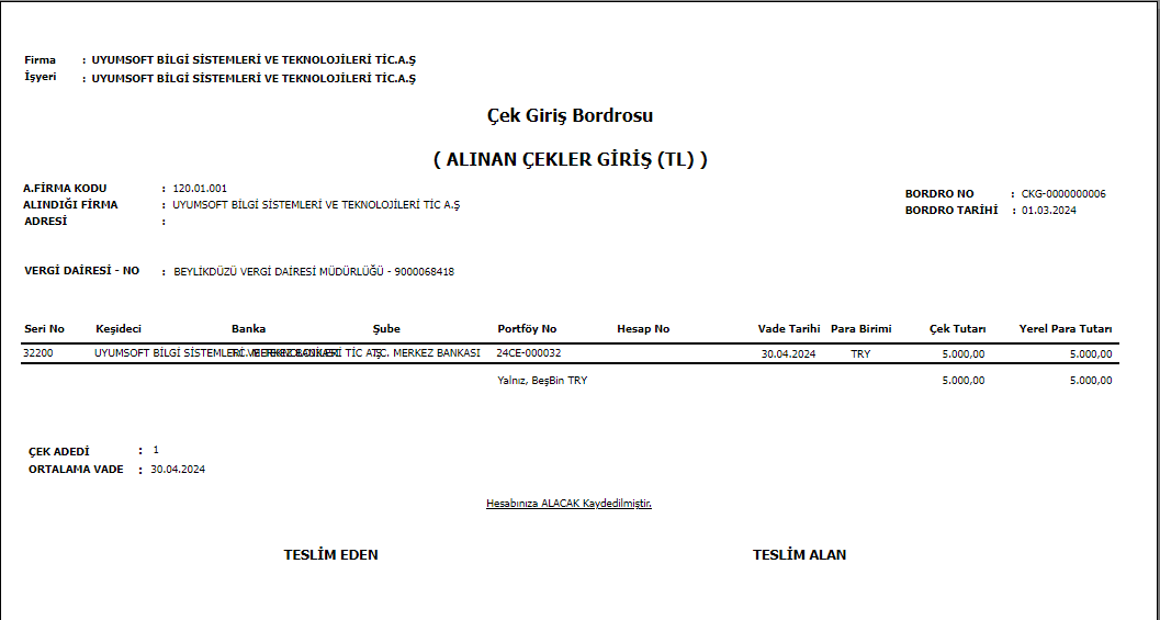 FIN2001 ALINAN ÇEKLER GİRİŞ TL