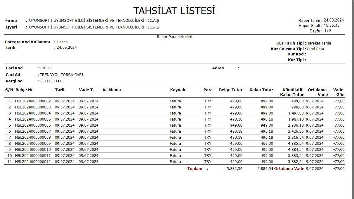 FIN4094 TAHSİLAT LİSTESİ