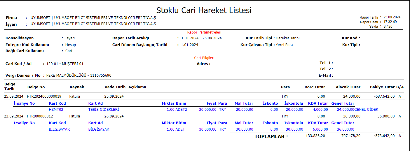 FIN4058 STOKLU CARİ EKSTRE